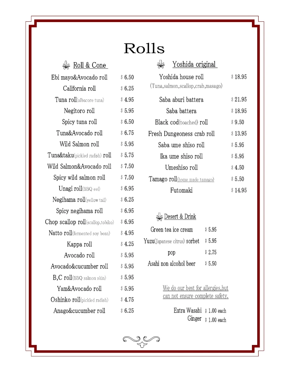 Menu, Yoshida Sushi