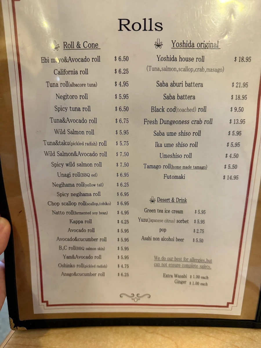 Menu, Yoshida Sushi