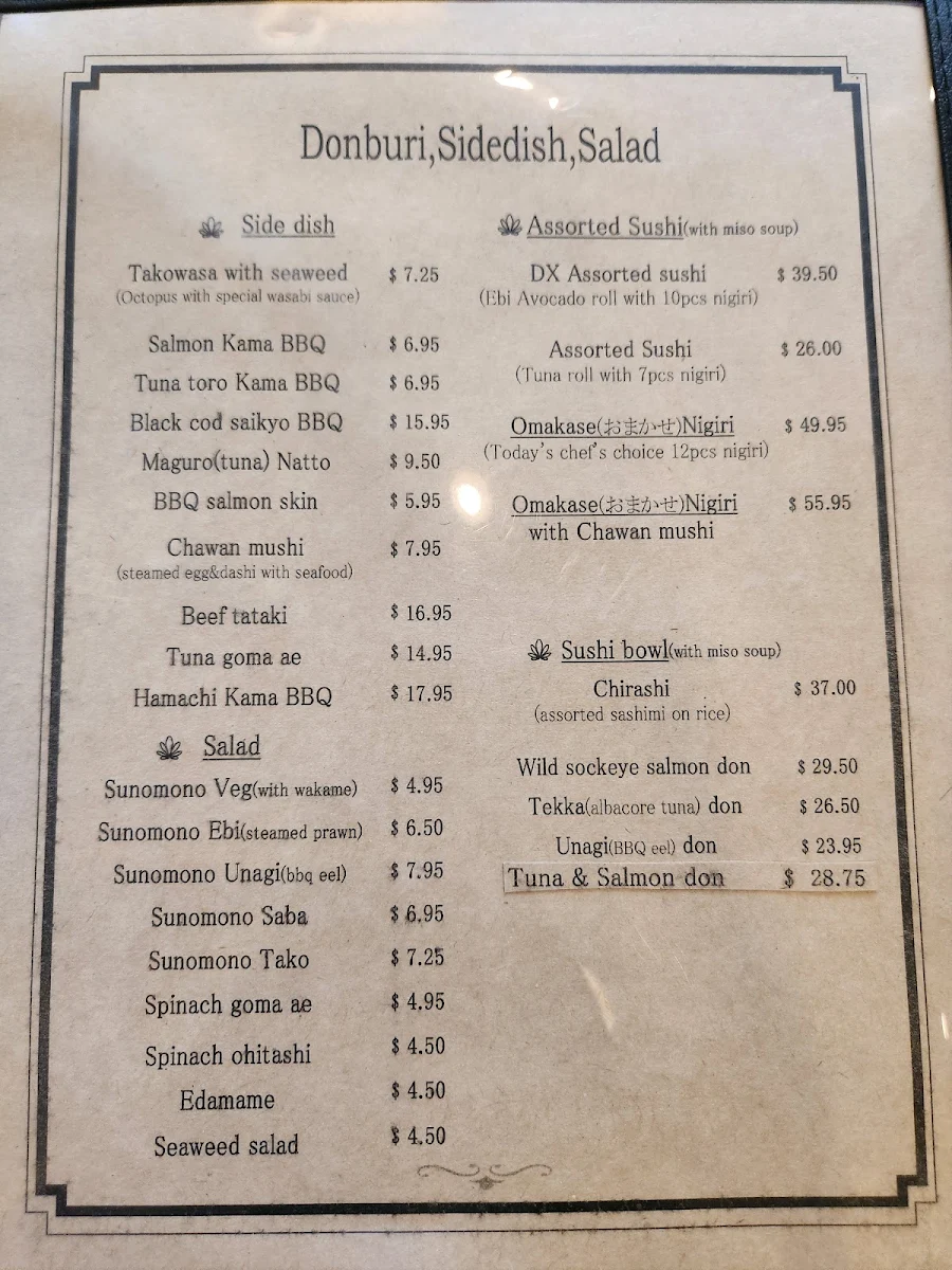 Menu, Yoshida Sushi