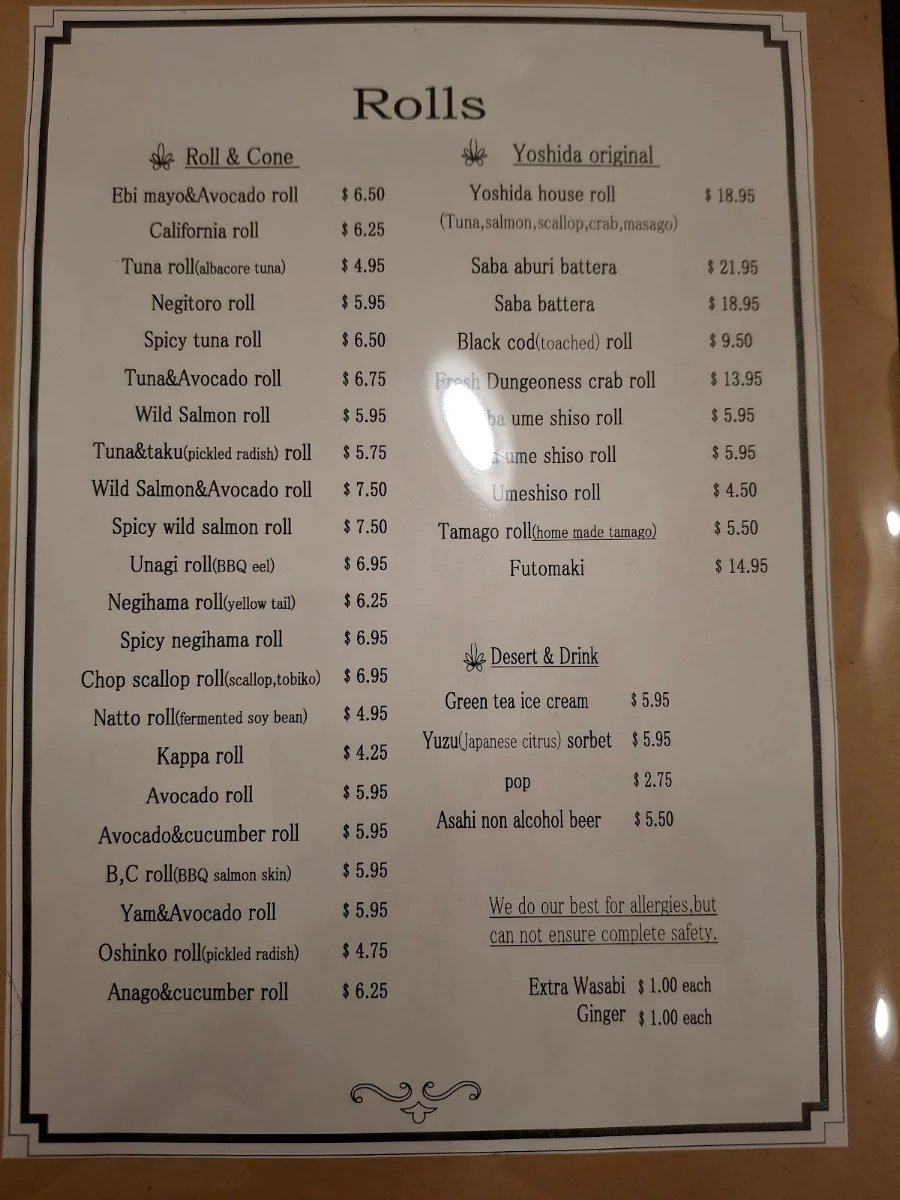 Menu, Yoshida Sushi