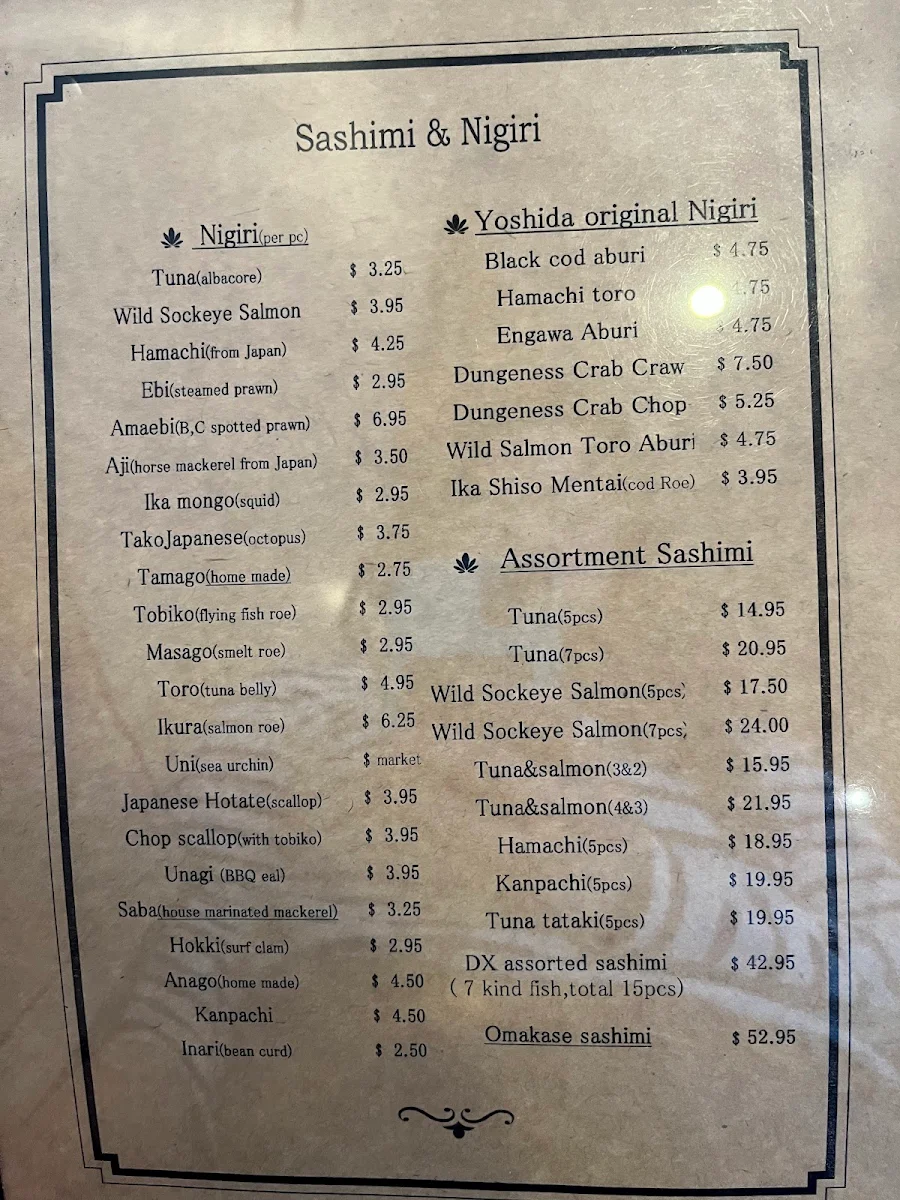 Menu, Yoshida Sushi