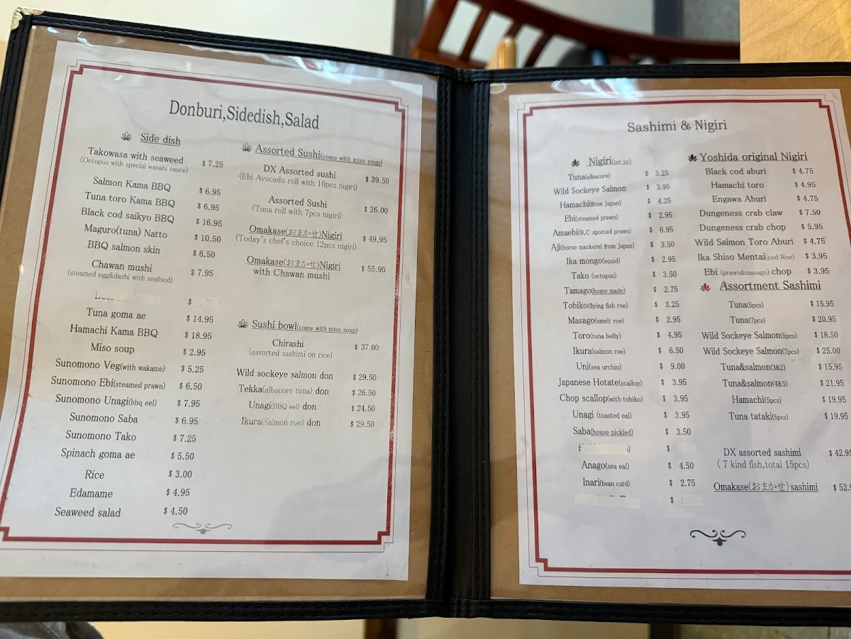 Menu, Yoshida Sushi