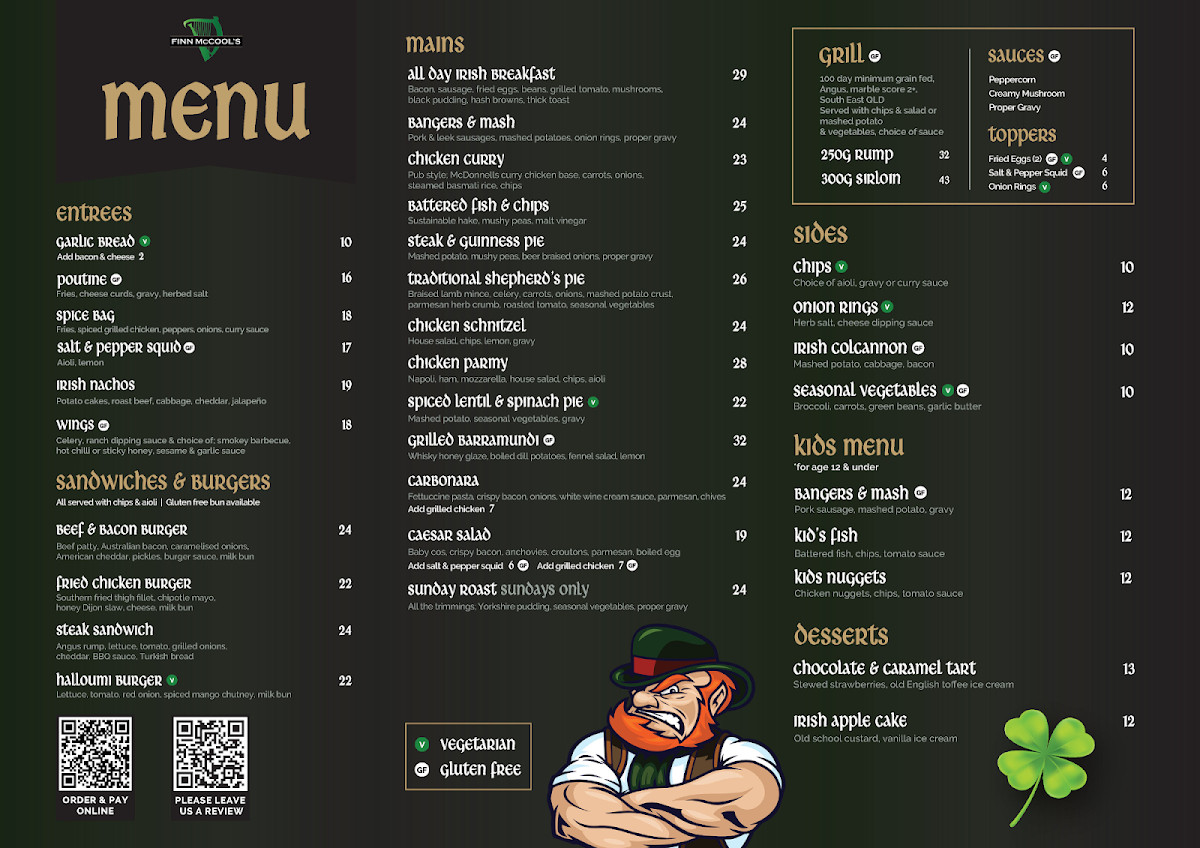 Menu, Finn McCool's Surfers Paradise