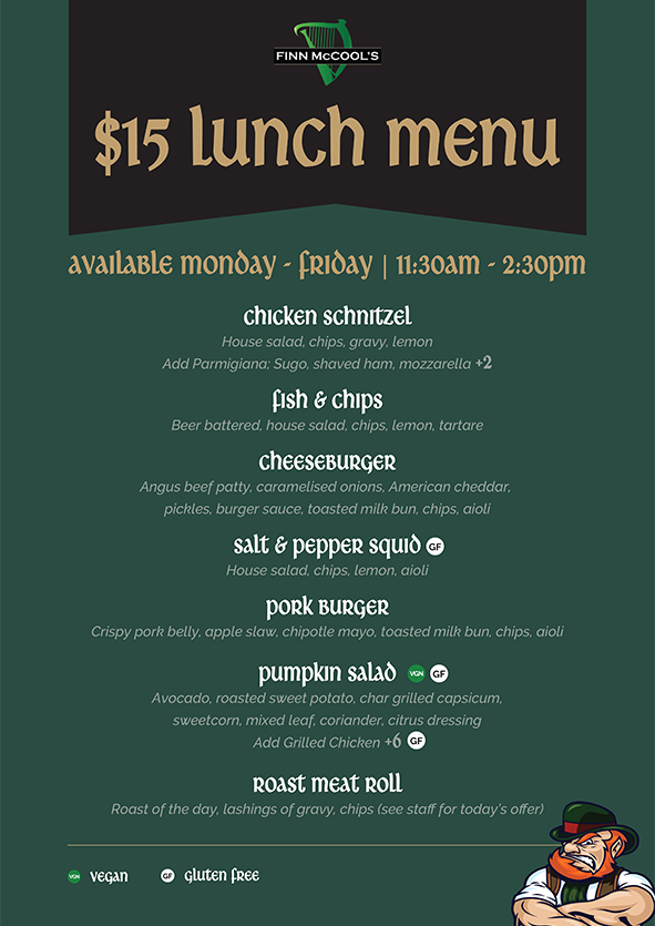 Menu, Finn McCool's Surfers Paradise