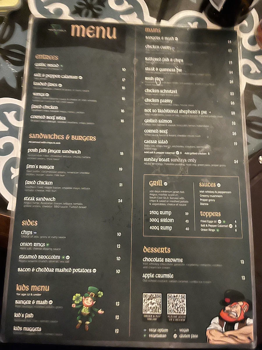 Menu, Finn McCool's Surfers Paradise