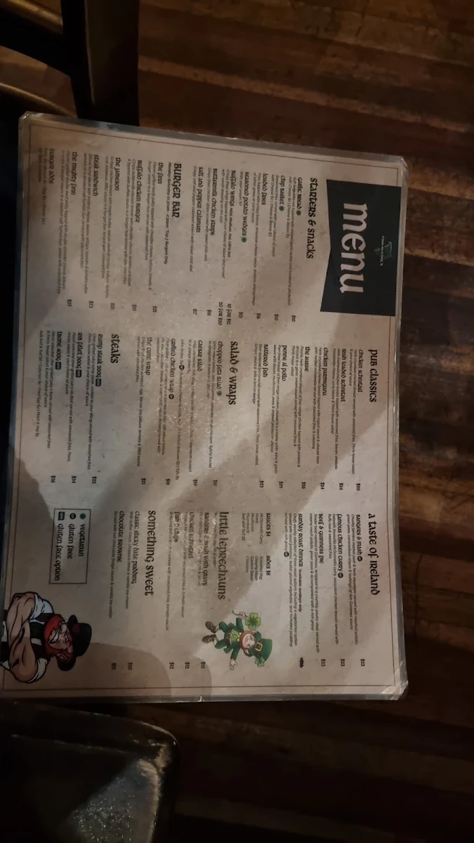 Menu, Finn McCool's Surfers Paradise