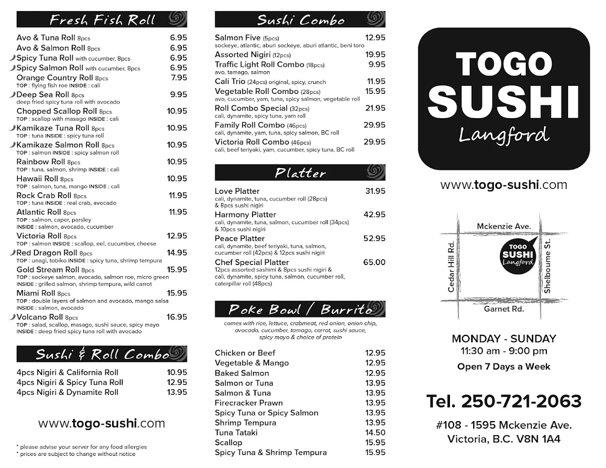 Menu, TOGO SUSHI