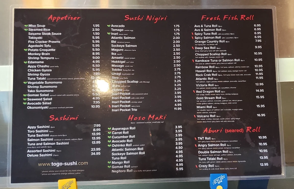Menu, TOGO SUSHI