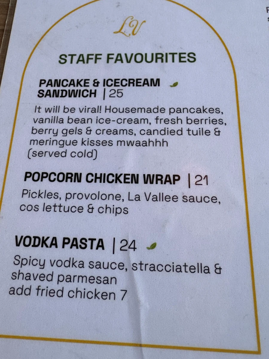 Menu, La Vallee Cafe/Restaurant Essendon