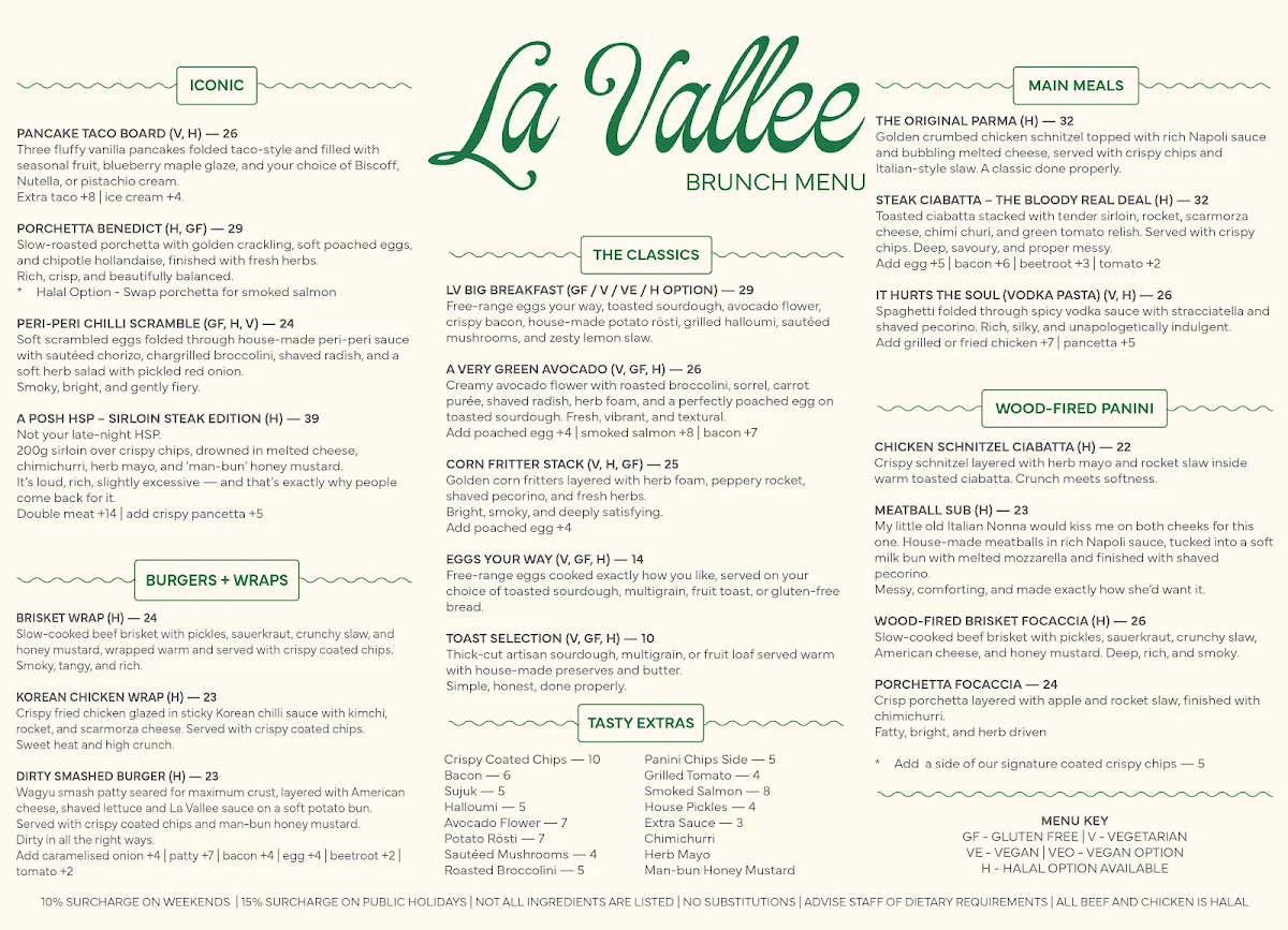 Menu, La Vallee Cafe/Restaurant Essendon