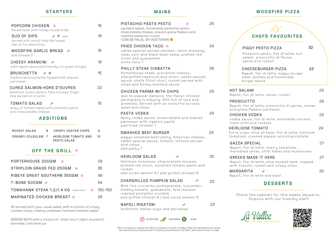Menu, La Vallee Cafe/Restaurant Essendon