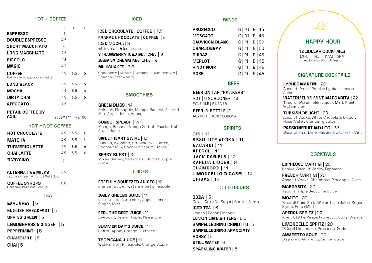 Menu, La Vallee Cafe/Restaurant Essendon