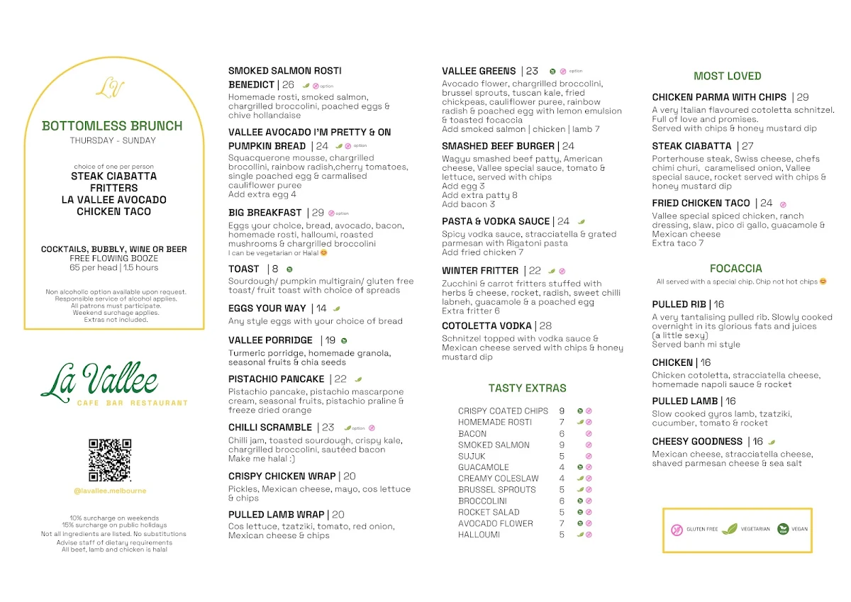 Menu, La Vallee Cafe/Restaurant Essendon