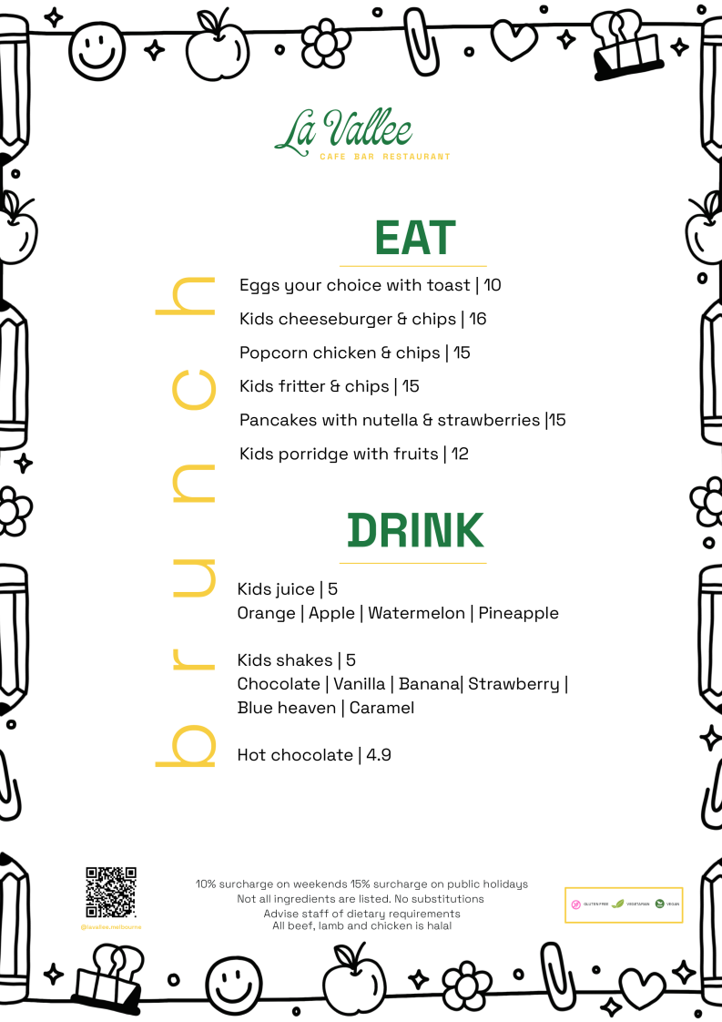 Menu, La Vallee Cafe/Restaurant Essendon