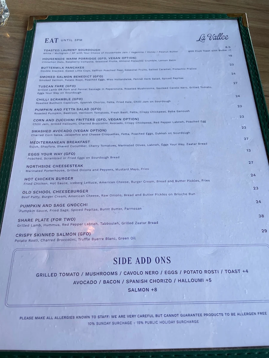 Menu, La Vallee Cafe/Restaurant Essendon