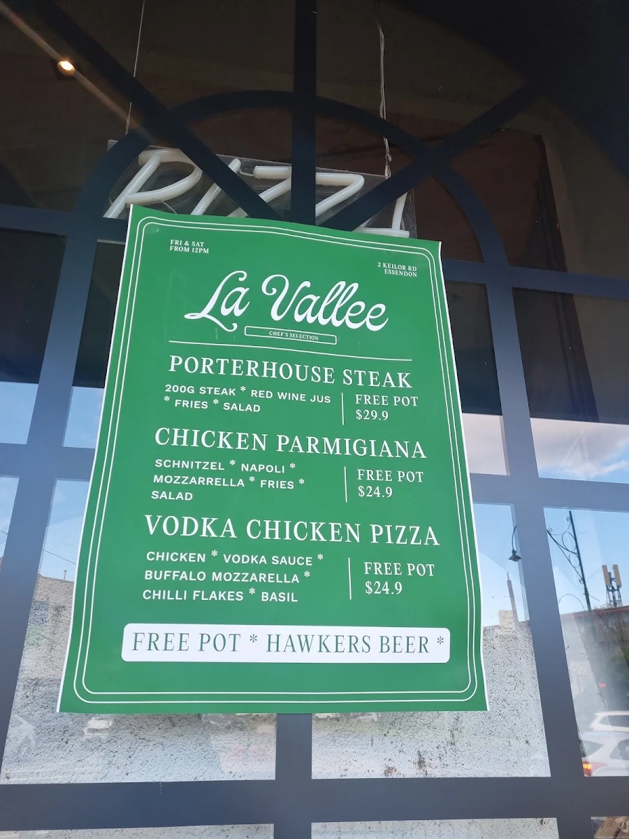 Menu, La Vallee Cafe/Restaurant Essendon
