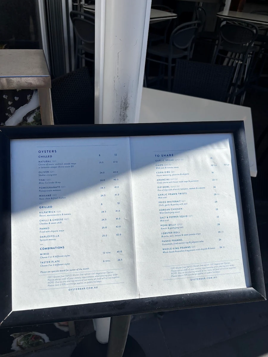Menu, Oyster Bar Holdfast Shores