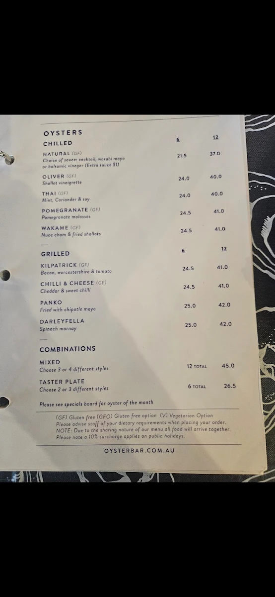 Menu, Oyster Bar Holdfast Shores