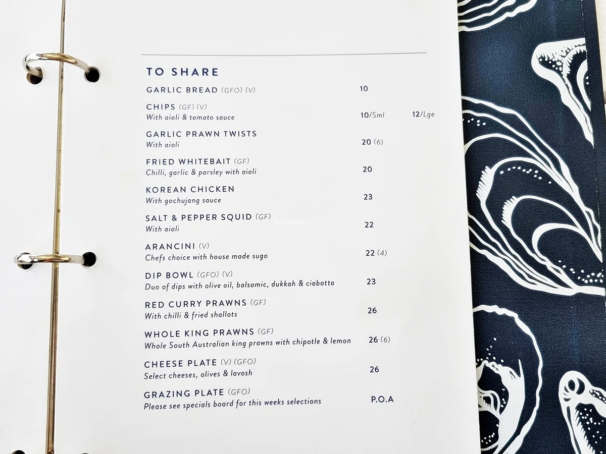 Menu, Oyster Bar Holdfast Shores
