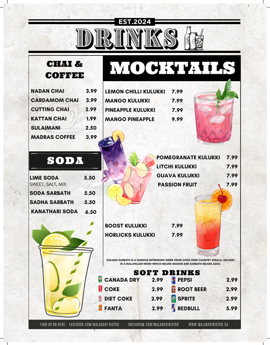 Menu, Malabari Bistro