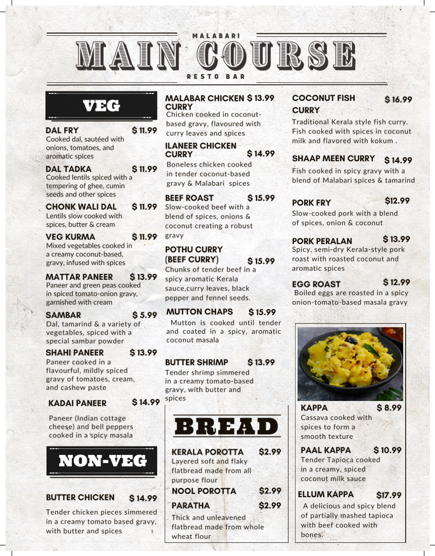 Menu, Malabari Bistro