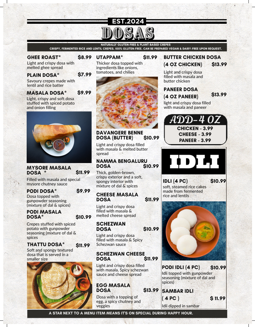 Menu, Malabari Bistro