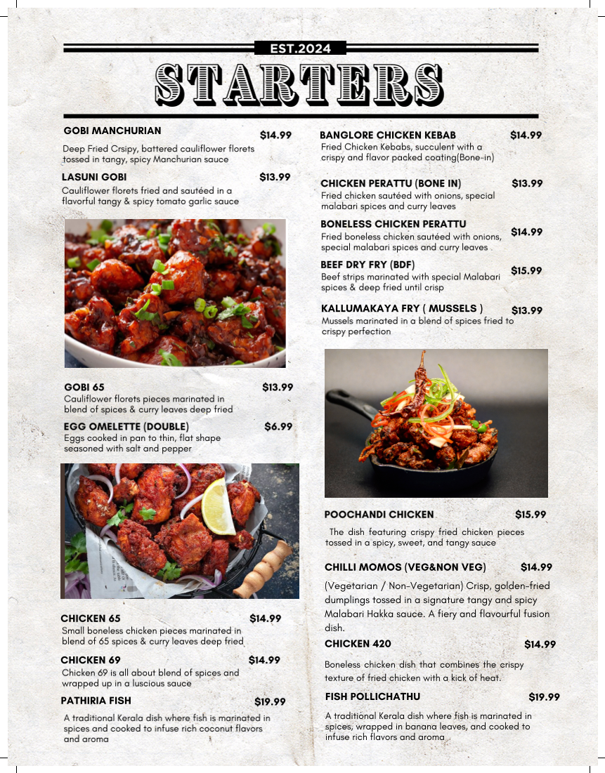 Menu, Malabari Bistro