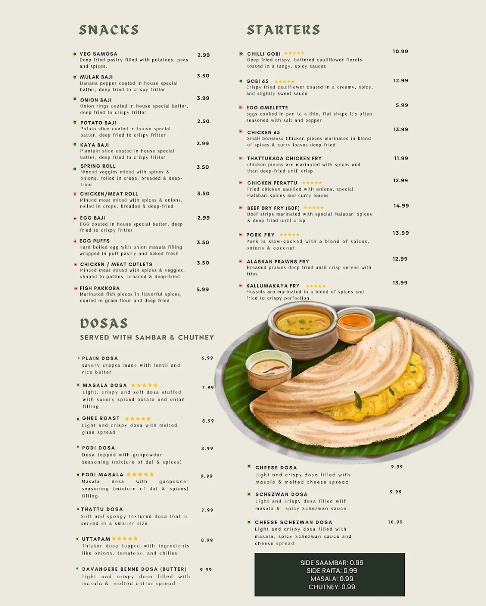 Menu, Malabari Bistro