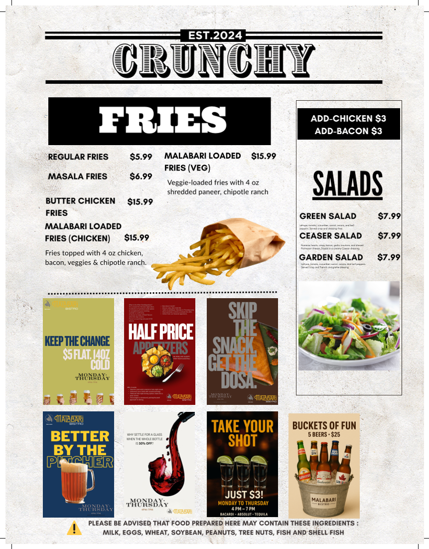 Menu, Malabari Bistro