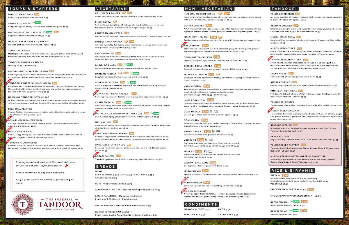 Menu, The Imperial Tandoor
