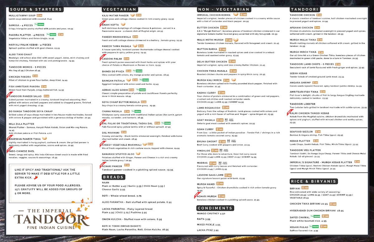 Menu, The Imperial Tandoor