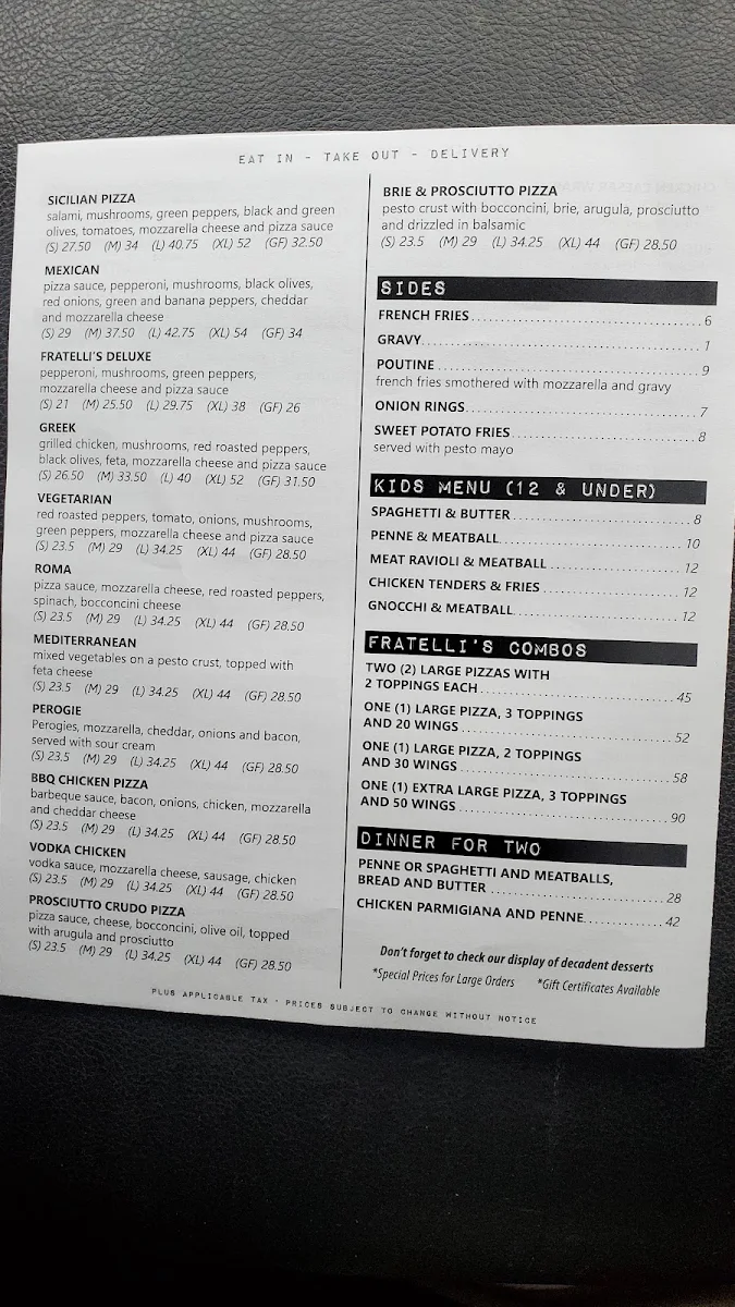 Menu, Fratelli's Kitchen