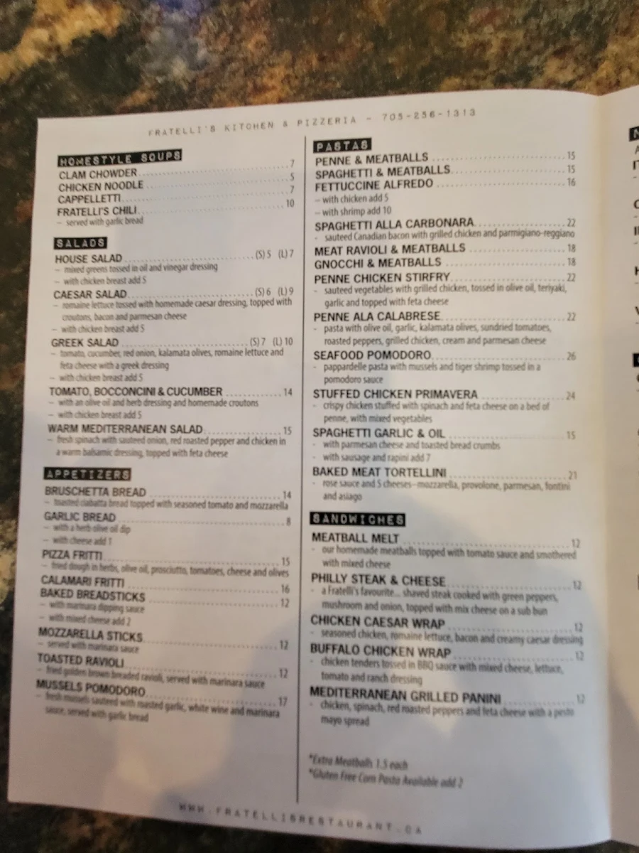 Menu, Fratelli's Kitchen