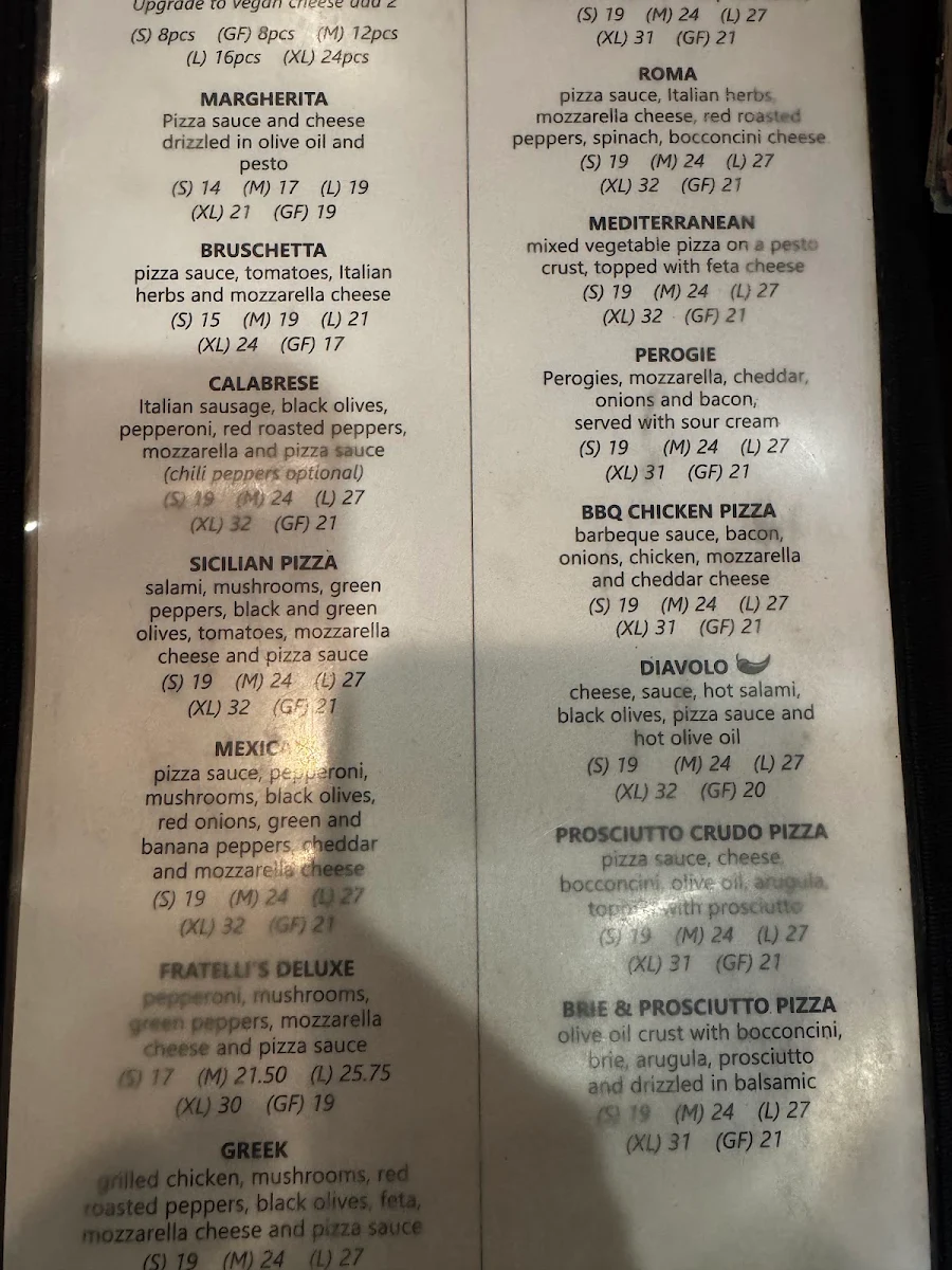 Menu, Fratelli's Kitchen