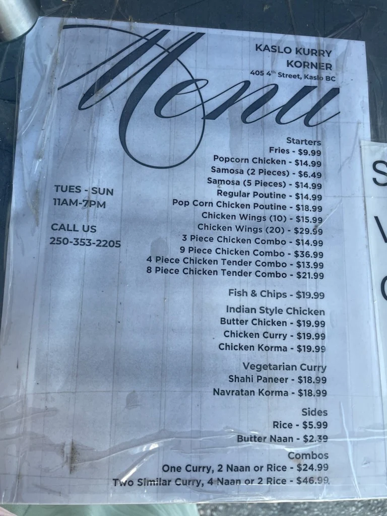 Menu, Chez Serge Takeout