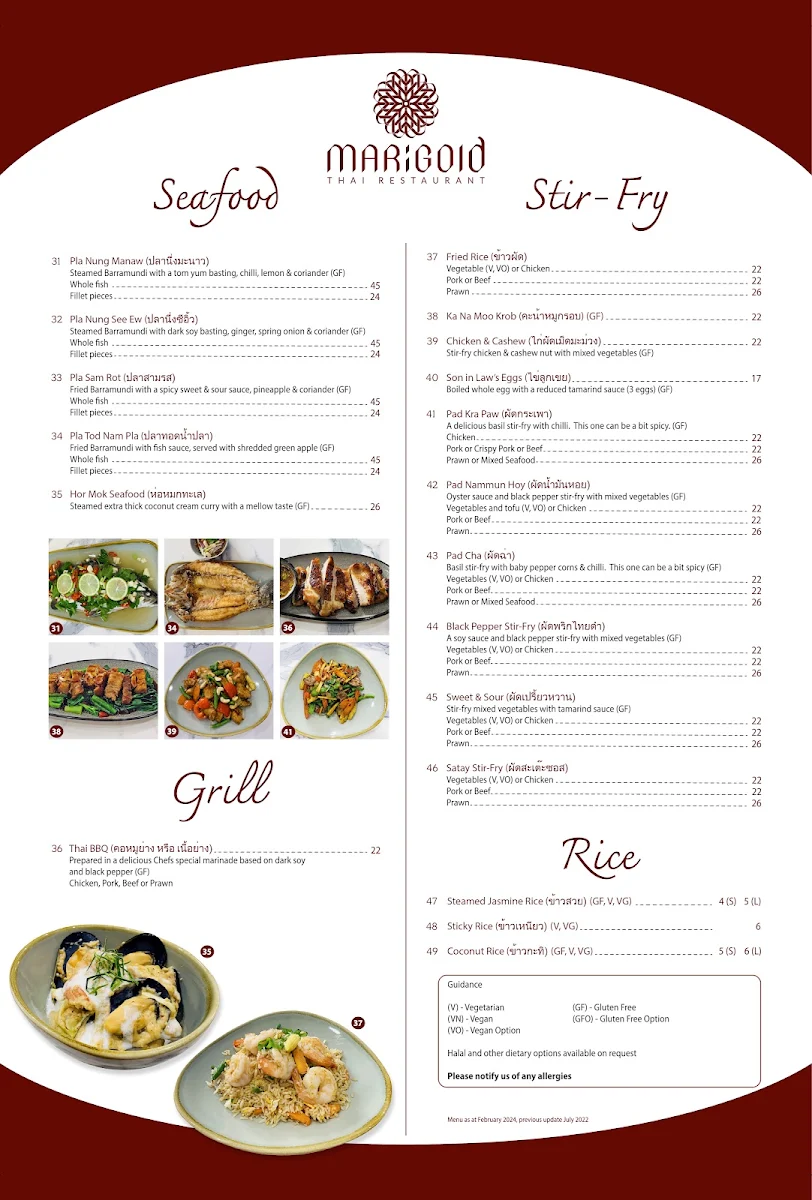 Menu, Marigold Thai
