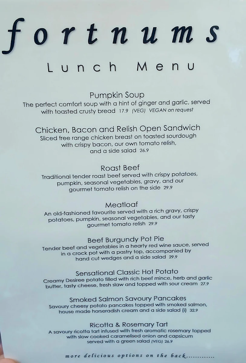 Menu, Fortnums Restaurant & Wedding Venue