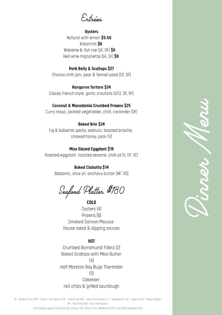 Menu, Coral Sea Pavilion