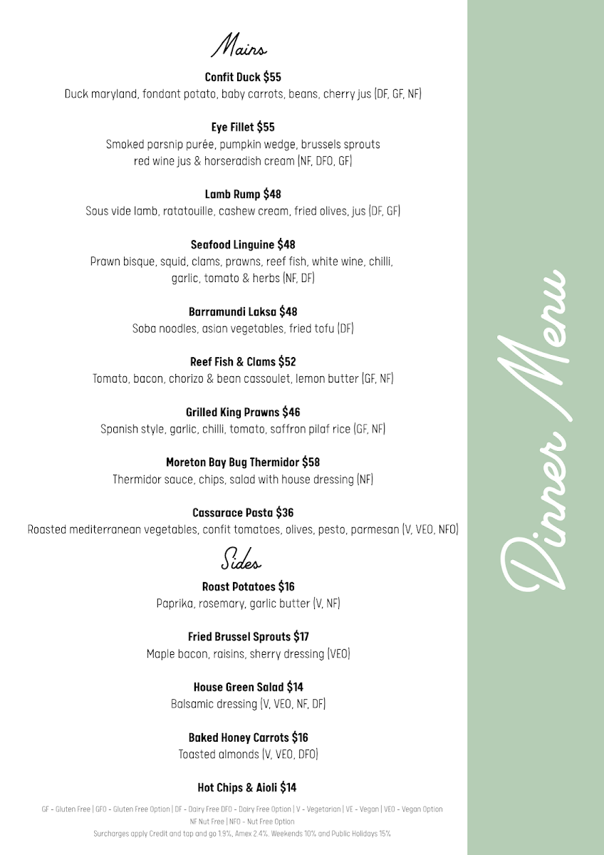 Menu, Coral Sea Pavilion