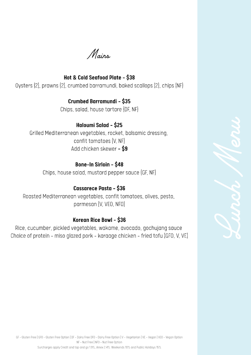 Menu, Coral Sea Pavilion