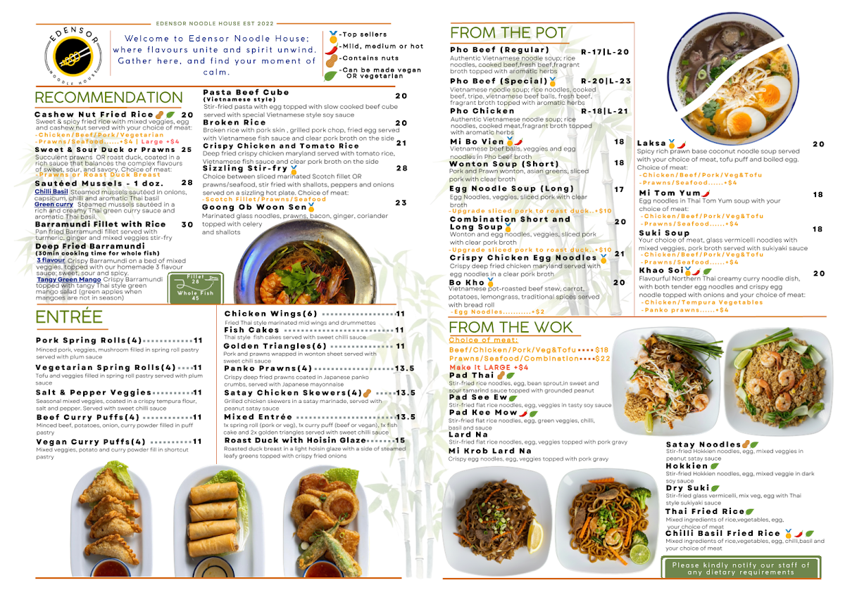 Menu, Edensor Noodle House