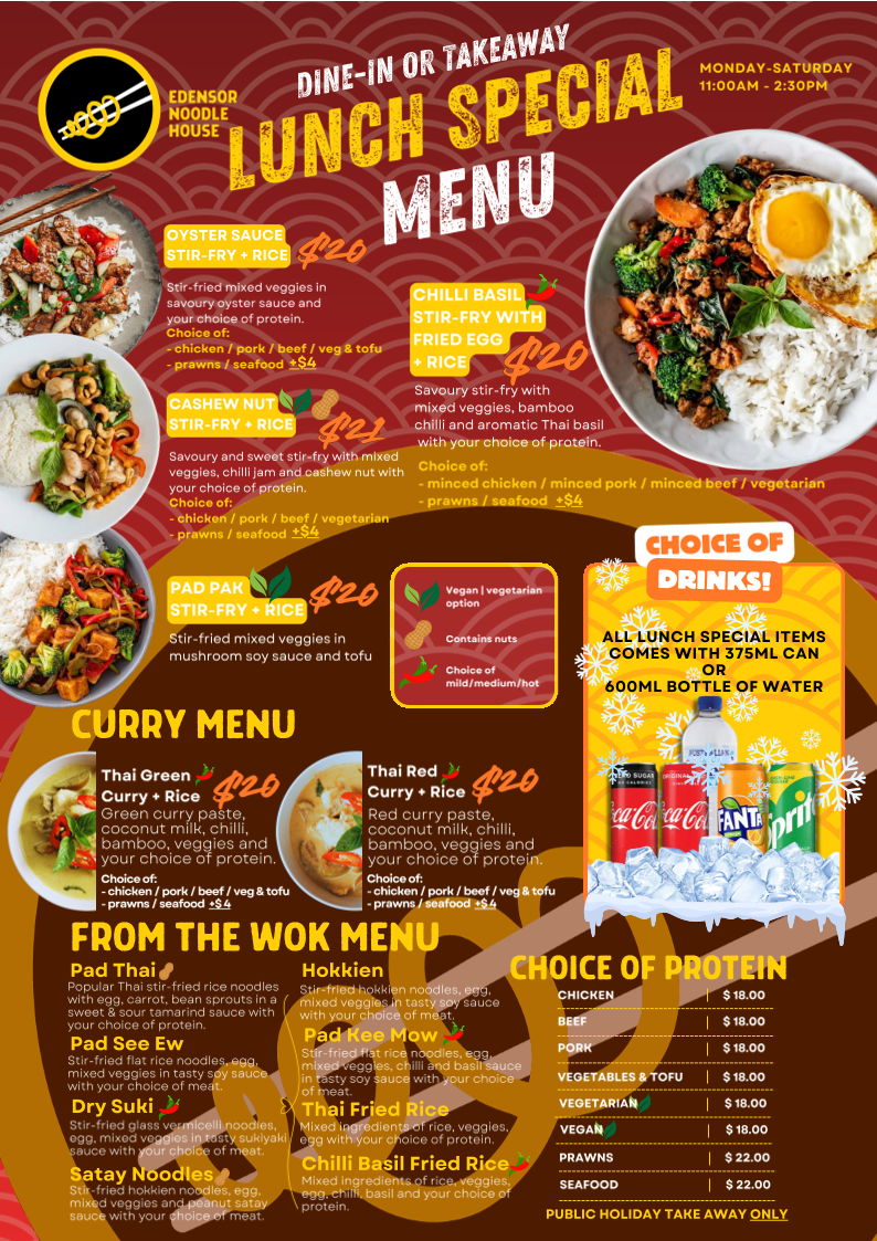 Menu, Edensor Noodle House