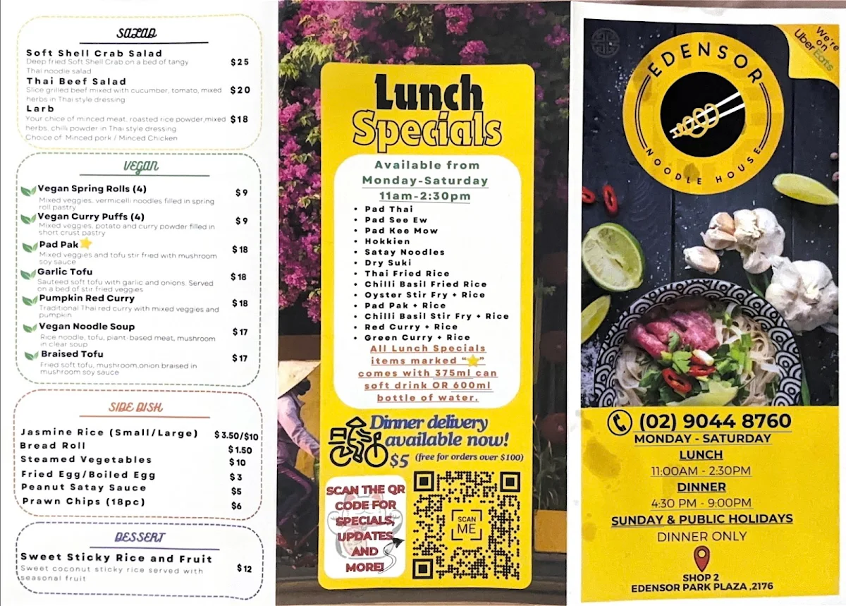 Menu, Edensor Noodle House
