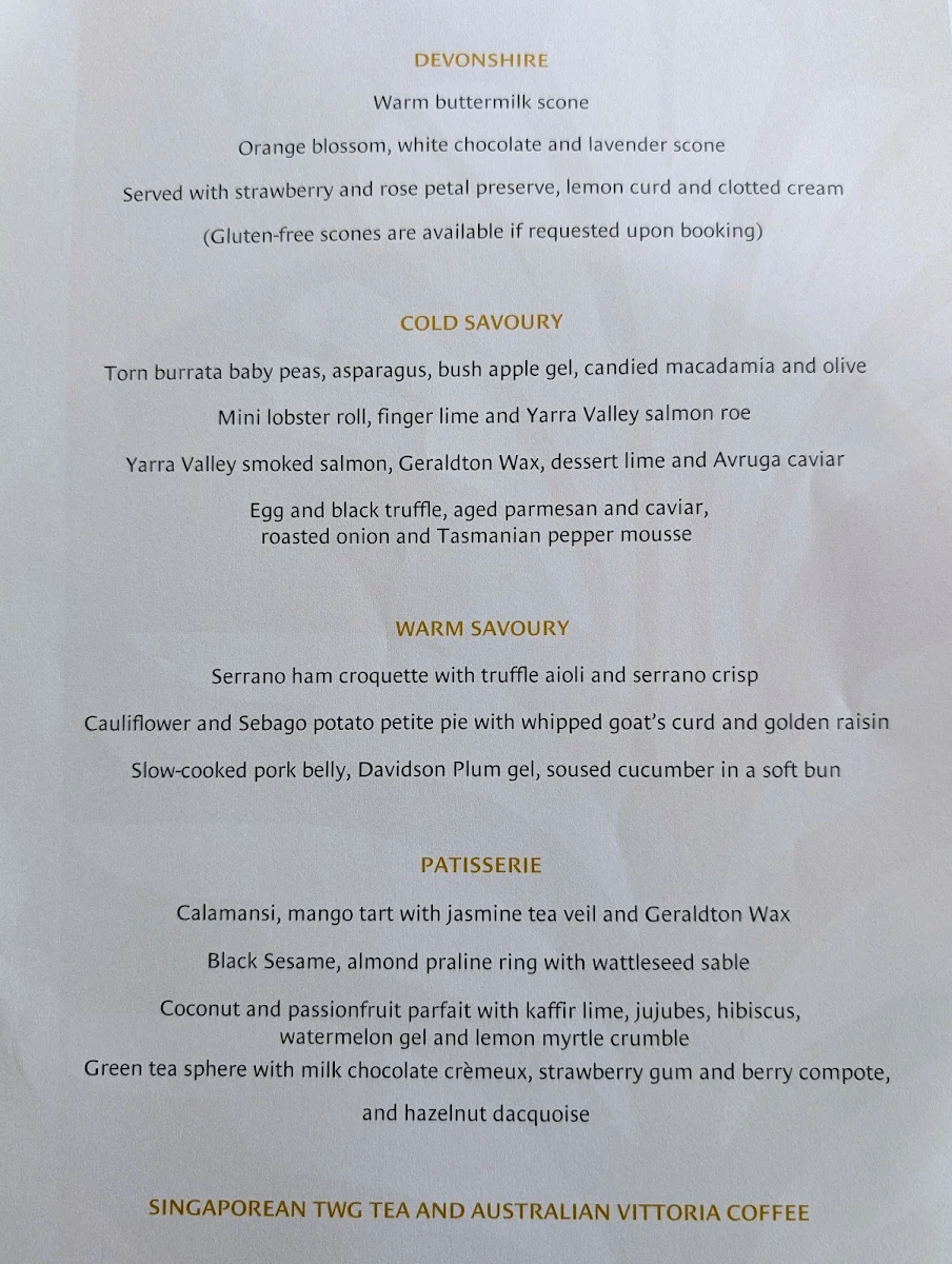 Menu, High Tea at Pan Pacific Melbourne