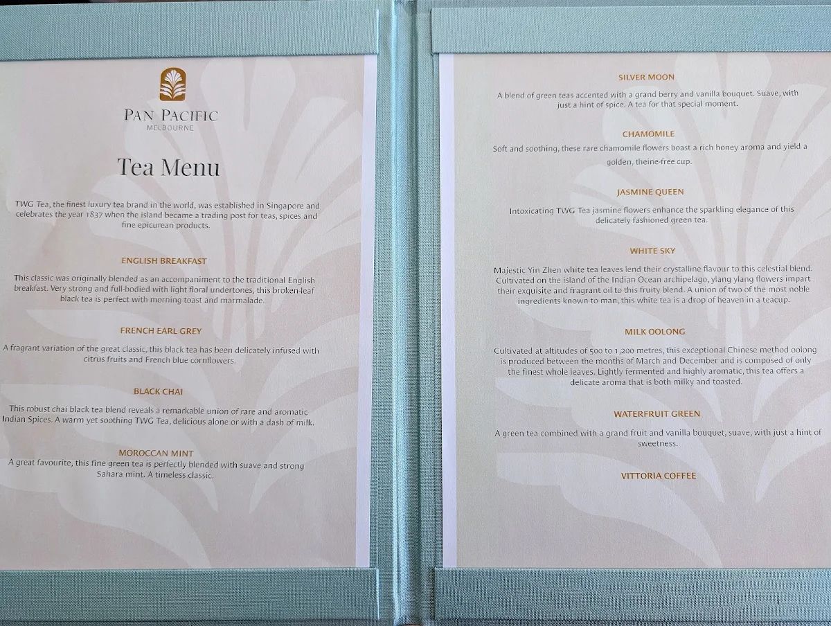 Menu, High Tea at Pan Pacific Melbourne