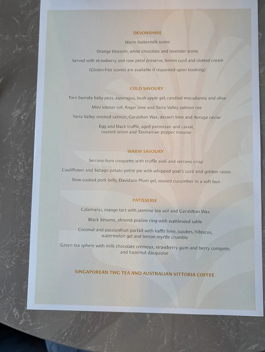 Menu, High Tea at Pan Pacific Melbourne