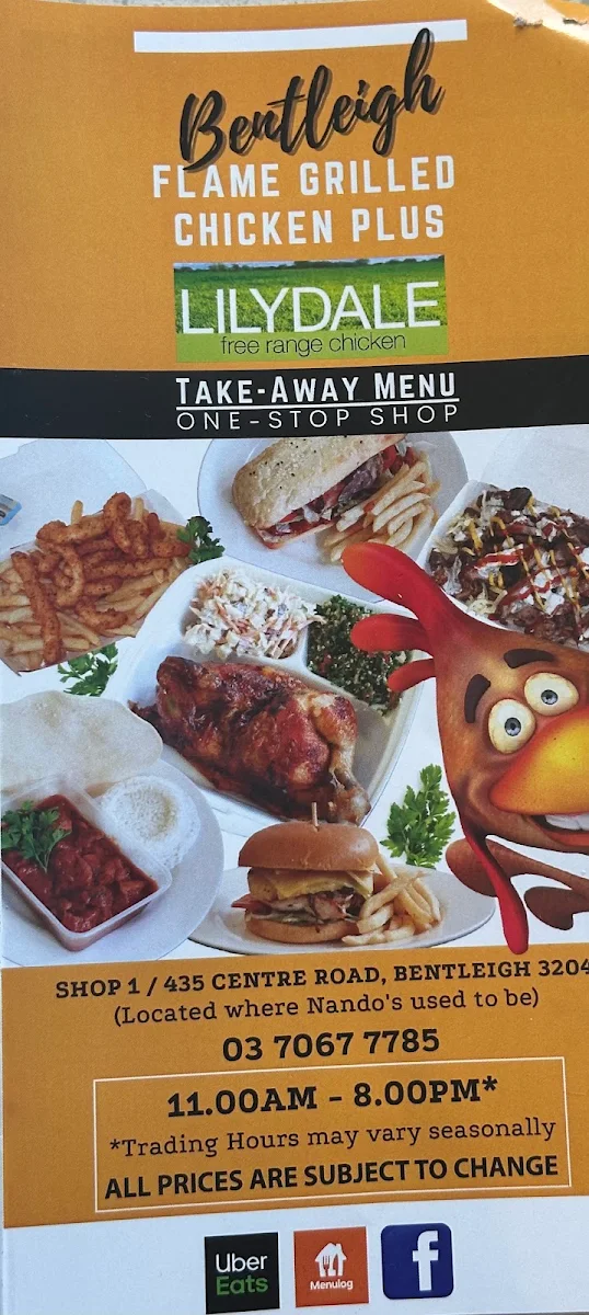 Menu, Bentleigh Free Range Flame Grilled Chicken Plus