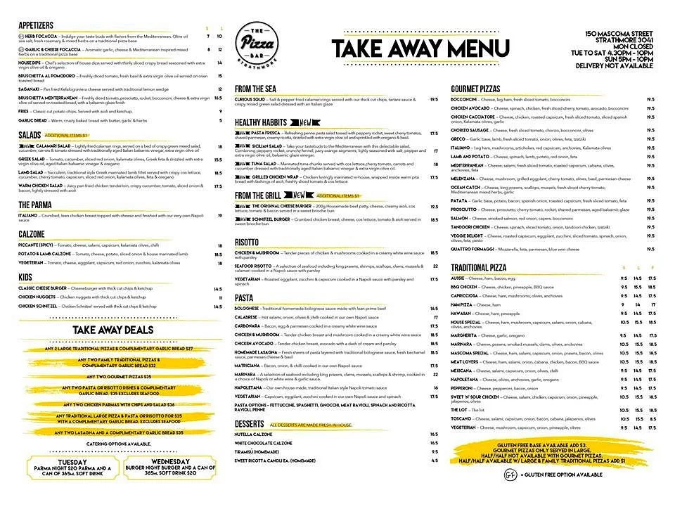 Menu, The Pizza Bar Diggers Rest