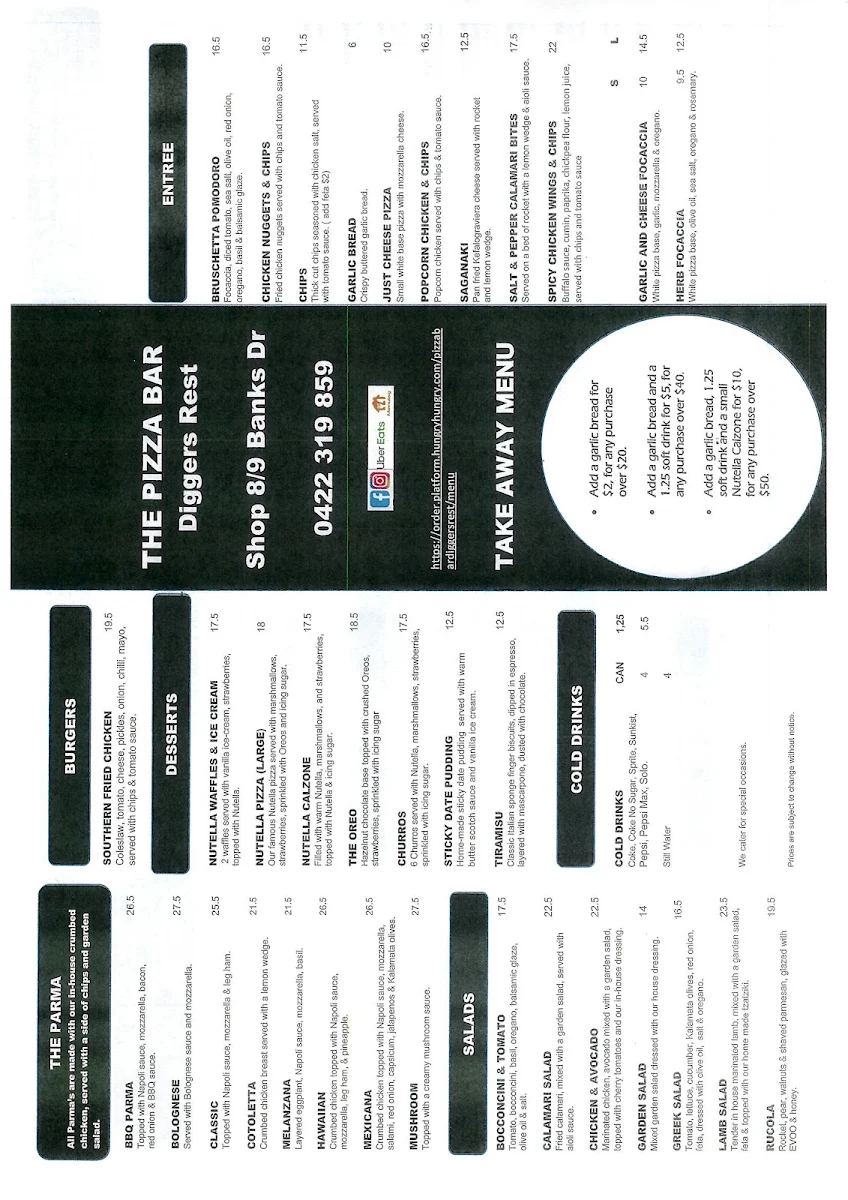 Menu, The Pizza Bar Diggers Rest
