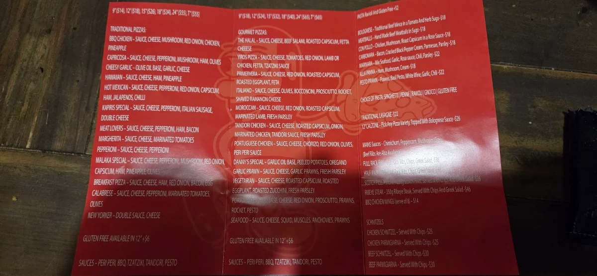Menu, Kapirisland Pizza Salisbury